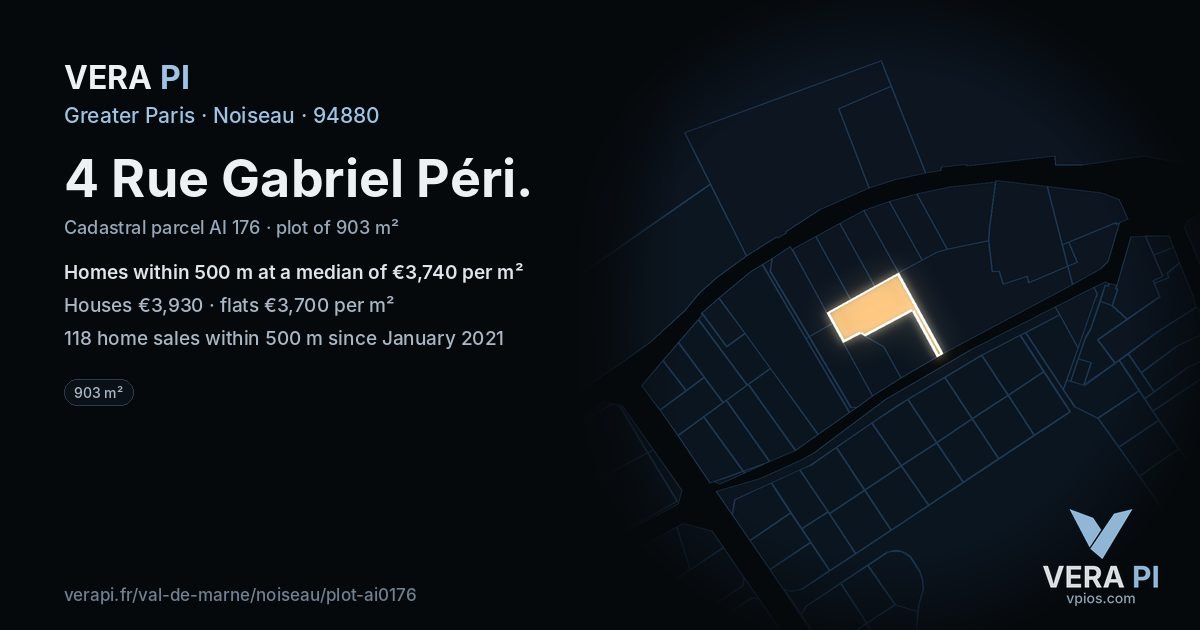 4 Rue Gabriel Péri, Noiseau at night – the plot lit, the parcels around coloured by the prices near them