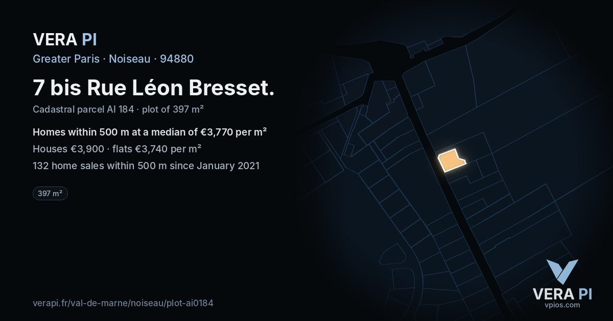 7 bis Rue Léon Bresset, Noiseau at night – the plot lit, the parcels around coloured by the prices near them