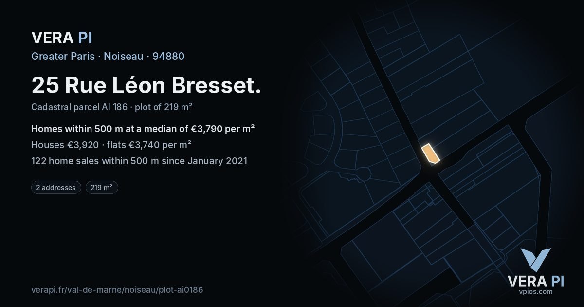 25 Rue Léon Bresset, Noiseau at night – the plot lit, the parcels around coloured by the prices near them