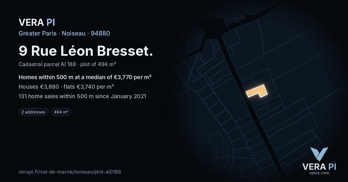 9 Rue Léon Bresset, Noiseau at night – the plot lit, the parcels around coloured by the prices near them