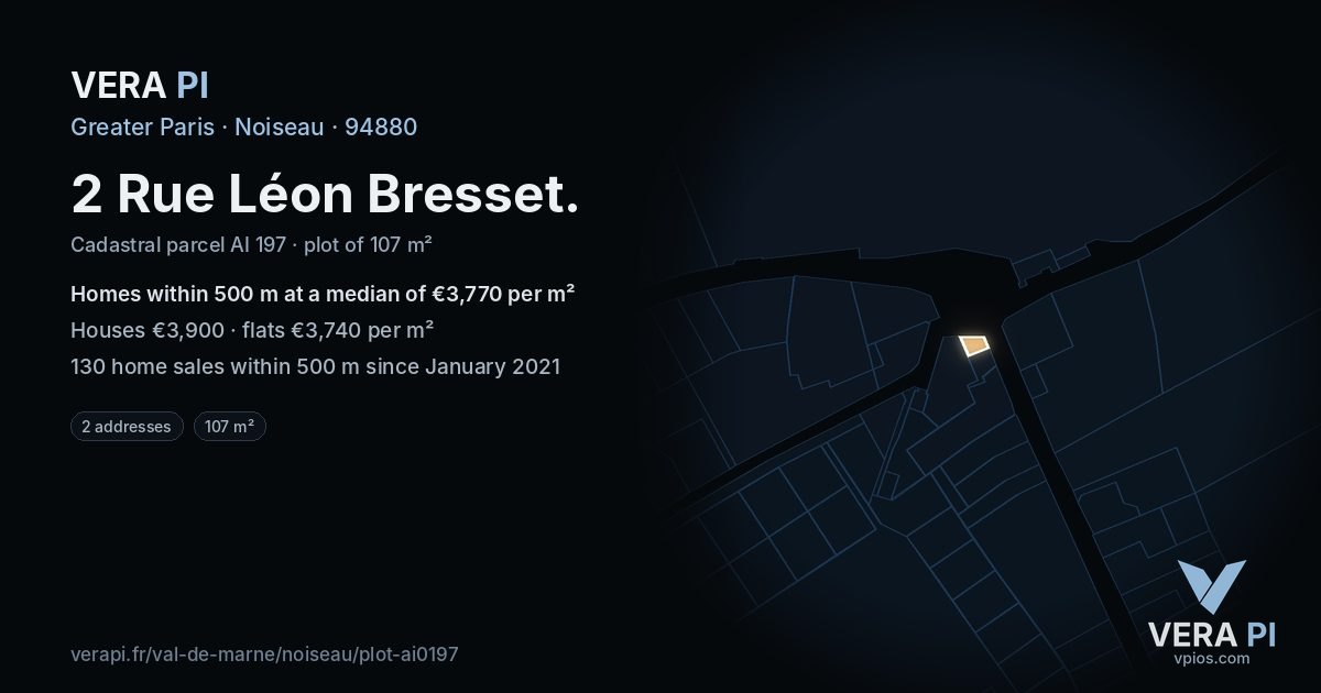 2 Rue Léon Bresset, Noiseau at night – the plot lit, the parcels around coloured by the prices near them