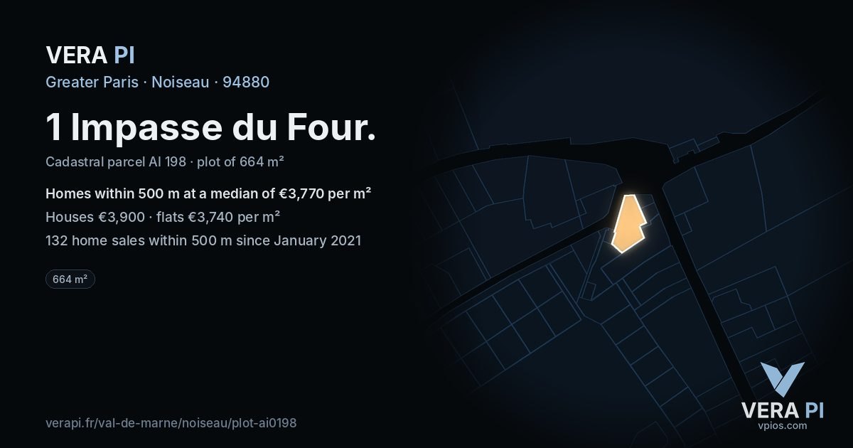 1 Impasse du Four, Noiseau at night – the plot lit, the parcels around coloured by the prices near them