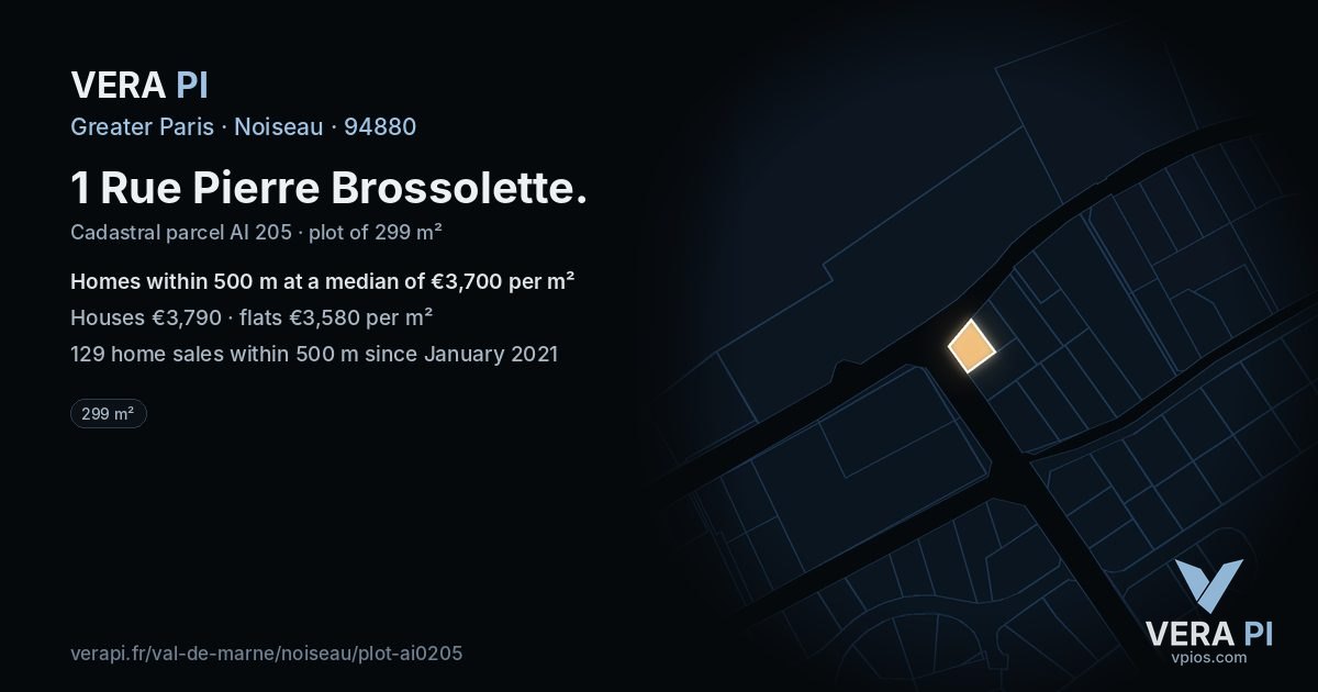 1 Rue Pierre Brossolette, Noiseau at night – the plot lit, the parcels around coloured by the prices near them