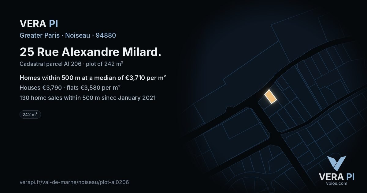 25 Rue Alexandre Milard, Noiseau at night – the plot lit, the parcels around coloured by the prices near them