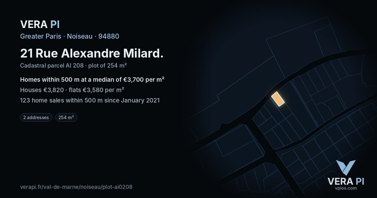 21 Rue Alexandre Milard, Noiseau at night – the plot lit, the parcels around coloured by the prices near them