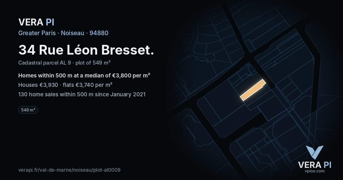 34 Rue Léon Bresset, Noiseau at night – the plot lit, the parcels around coloured by the prices near them