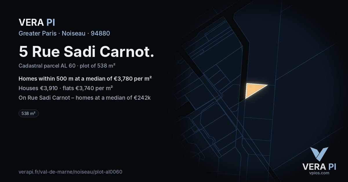 5 Rue Sadi Carnot, Noiseau at night – the plot lit, the parcels around coloured by the prices near them