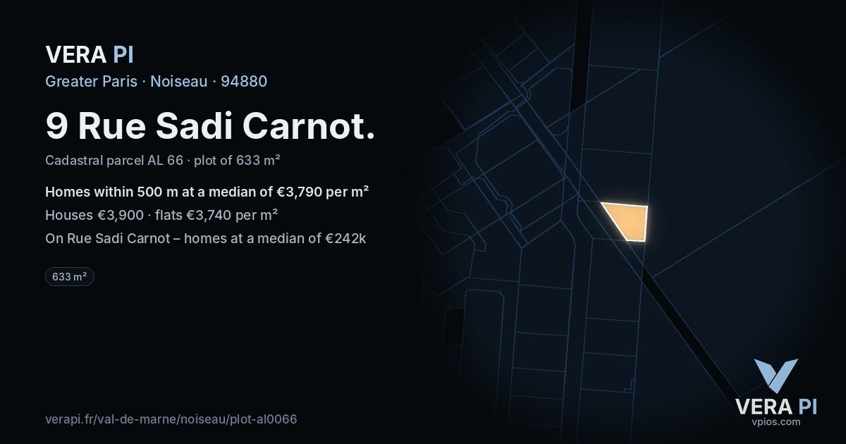 9 Rue Sadi Carnot, Noiseau at night – the plot lit, the parcels around coloured by the prices near them