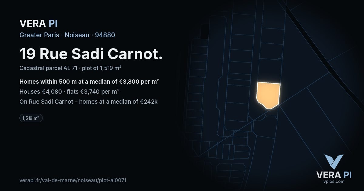 19 Rue Sadi Carnot, Noiseau at night – the plot lit, the parcels around coloured by the prices near them