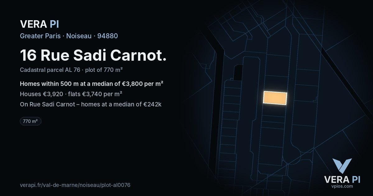 16 Rue Sadi Carnot, Noiseau at night – the plot lit, the parcels around coloured by the prices near them
