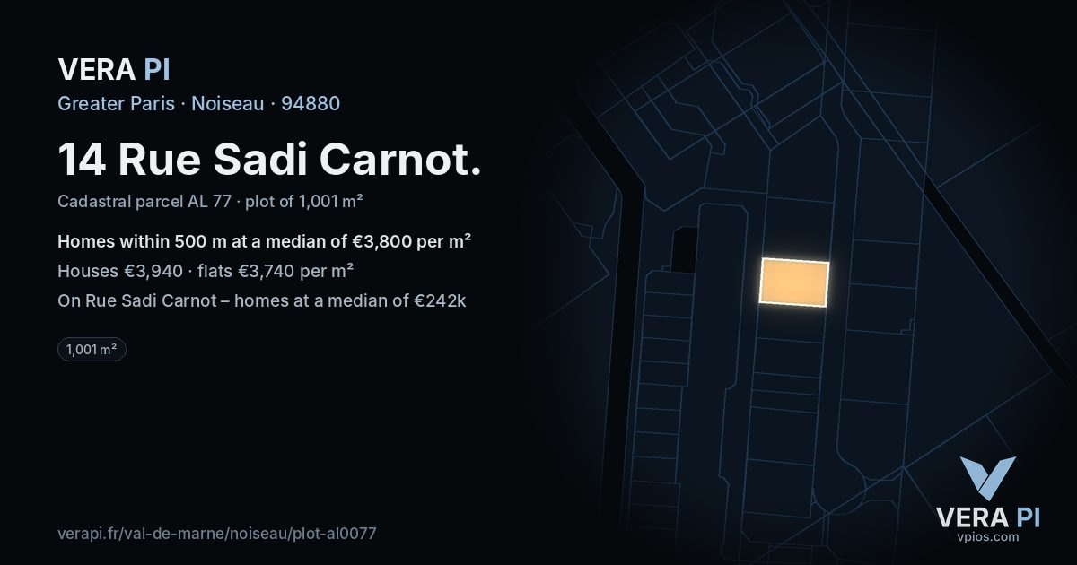 14 Rue Sadi Carnot, Noiseau at night – the plot lit, the parcels around coloured by the prices near them