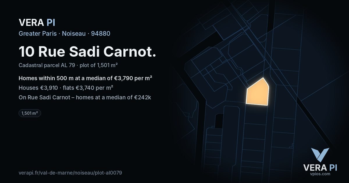 10 Rue Sadi Carnot, Noiseau at night – the plot lit, the parcels around coloured by the prices near them
