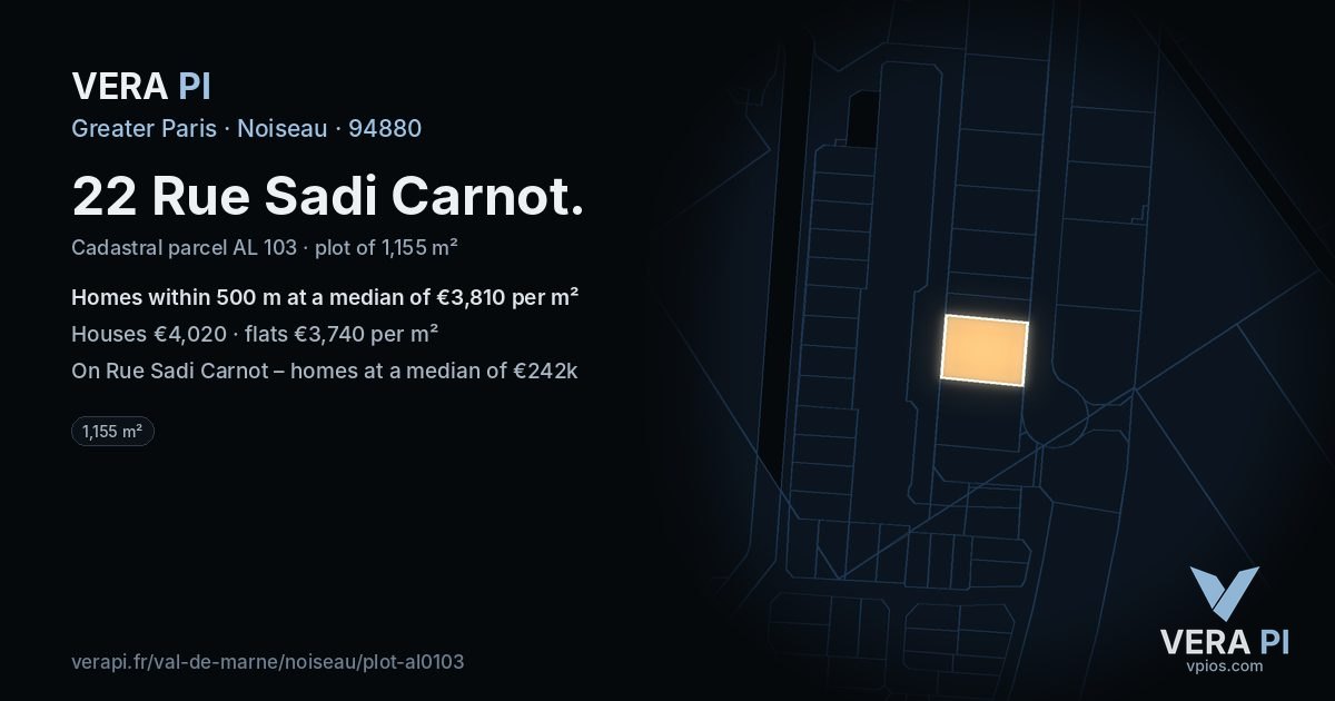 22 Rue Sadi Carnot, Noiseau at night – the plot lit, the parcels around coloured by the prices near them