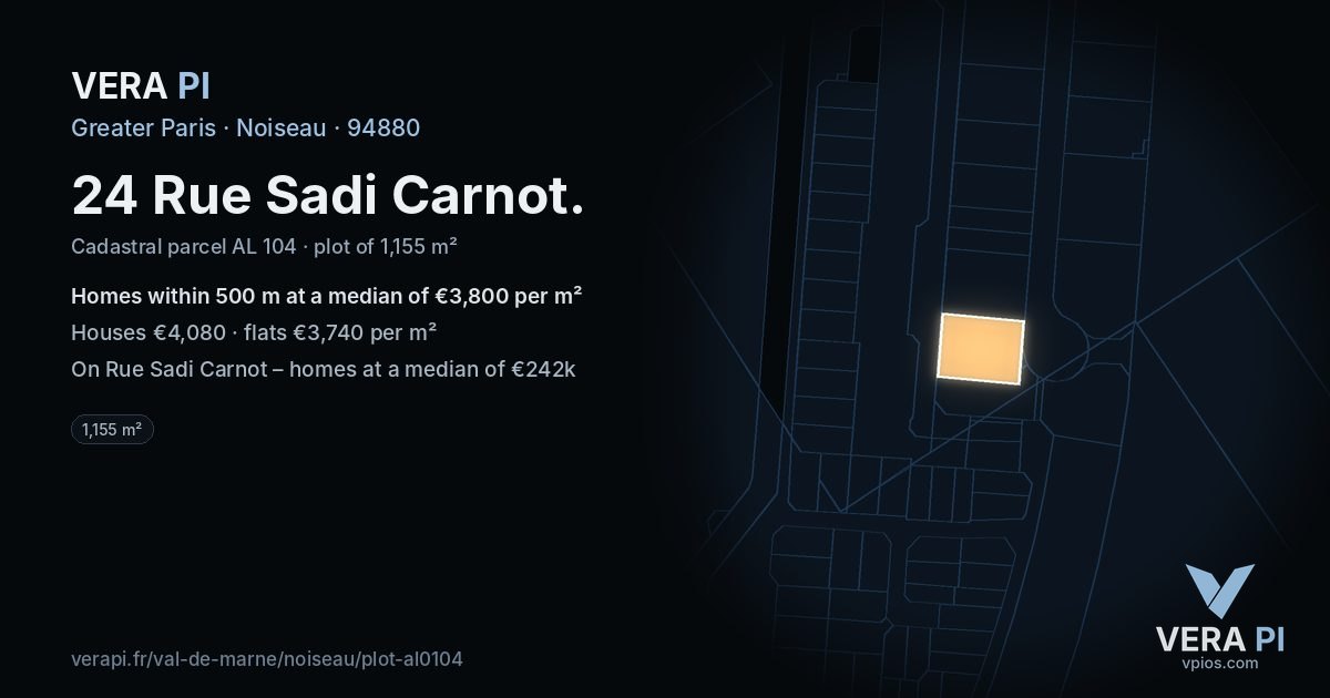 24 Rue Sadi Carnot, Noiseau at night – the plot lit, the parcels around coloured by the prices near them