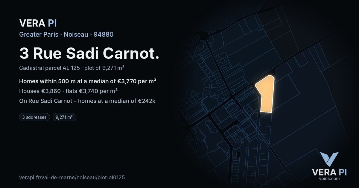 3 Rue Sadi Carnot, Noiseau at night – the plot lit, the parcels around coloured by the prices near them