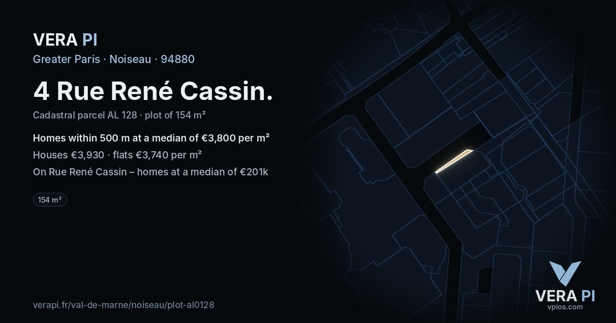 4 Rue René Cassin, Noiseau at night – the plot lit, the parcels around coloured by the prices near them