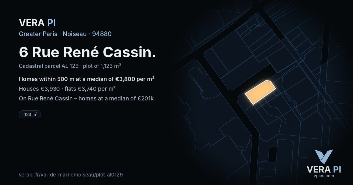 6 Rue René Cassin, Noiseau at night – the plot lit, the parcels around coloured by the prices near them