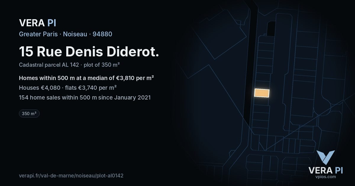 15 Rue Denis Diderot, Noiseau at night – the plot lit, the parcels around coloured by the prices near them