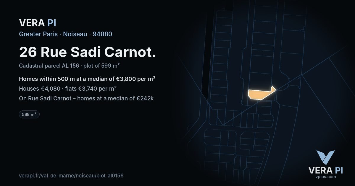 26 Rue Sadi Carnot, Noiseau at night – the plot lit, the parcels around coloured by the prices near them