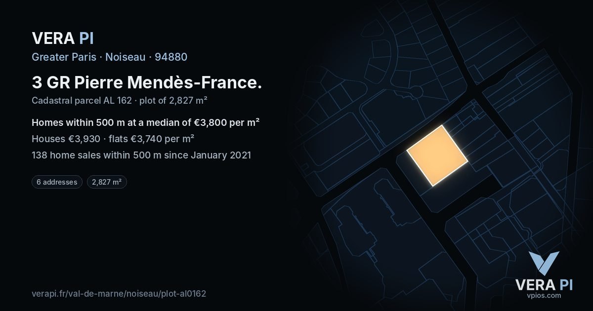 3 GR Pierre Mendès-France, Noiseau at night – the plot lit, the parcels around coloured by the prices near them