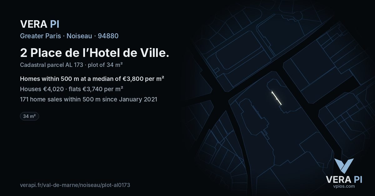 2 Place de l’Hotel de Ville, Noiseau at night – the plot lit, the parcels around coloured by the prices near them