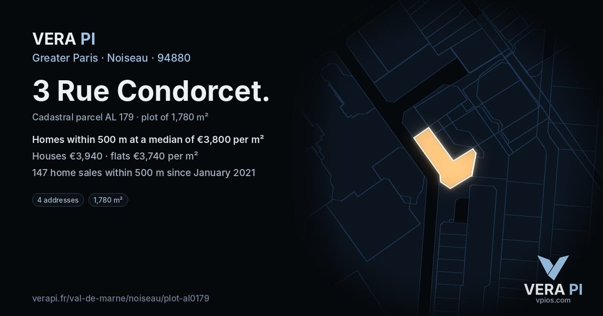 3 Rue Condorcet, Noiseau at night – the plot lit, the parcels around coloured by the prices near them