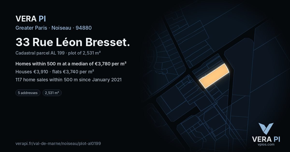 33 Rue Léon Bresset, Noiseau at night – the plot lit, the parcels around coloured by the prices near them