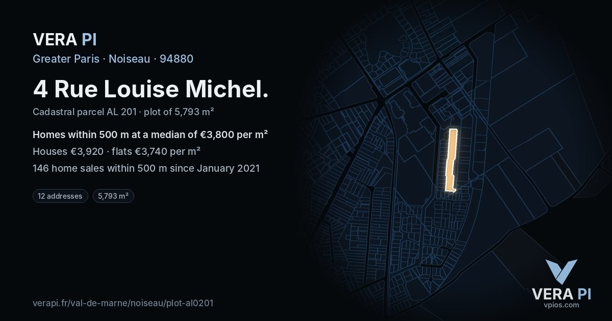 4 Rue Louise Michel, Noiseau at night – the plot lit, the parcels around coloured by the prices near them