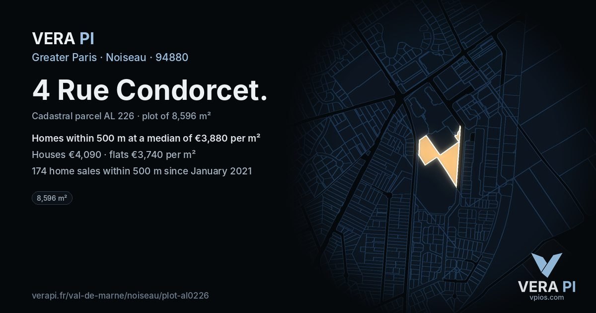 4 Rue Condorcet, Noiseau at night – the plot lit, the parcels around coloured by the prices near them