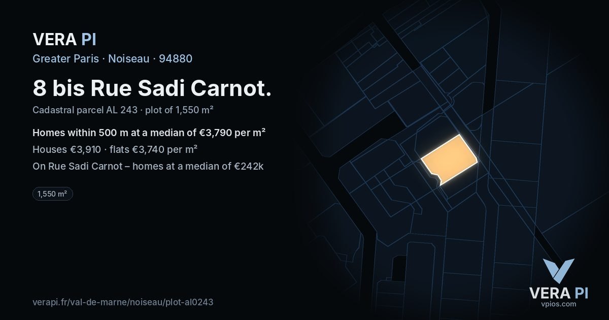 8 bis Rue Sadi Carnot, Noiseau at night – the plot lit, the parcels around coloured by the prices near them