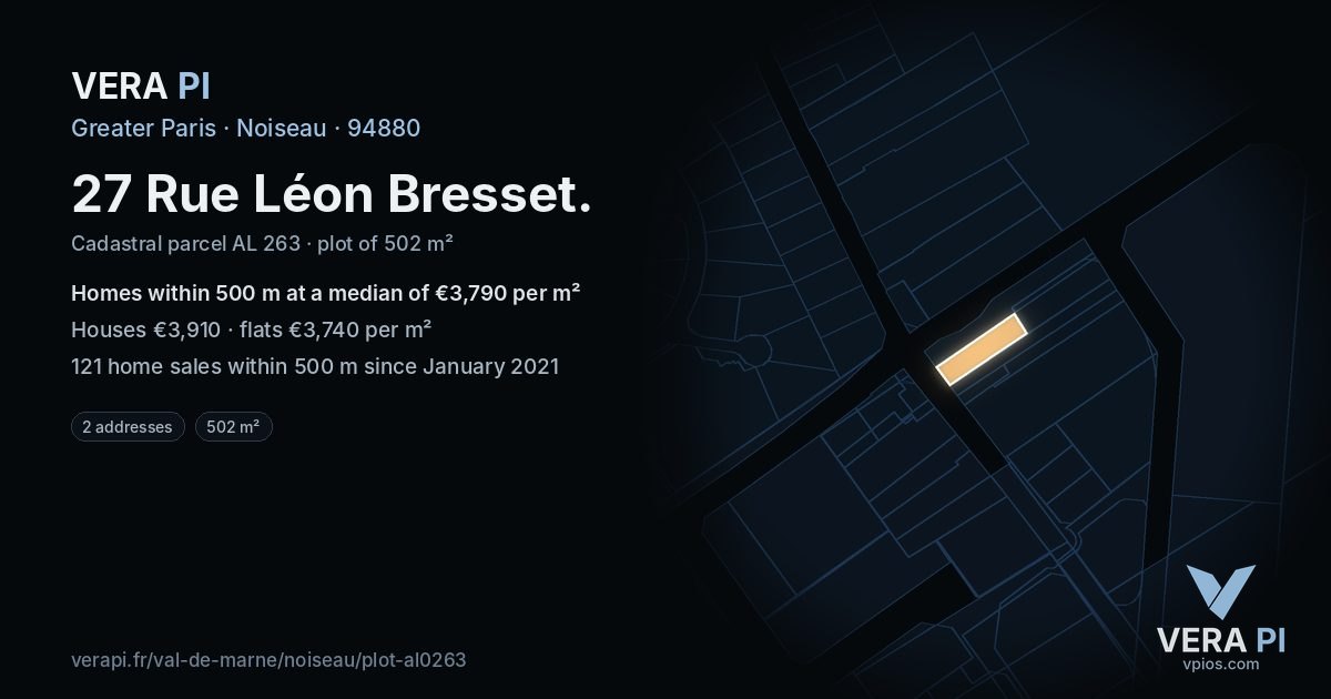 27 Rue Léon Bresset, Noiseau at night – the plot lit, the parcels around coloured by the prices near them