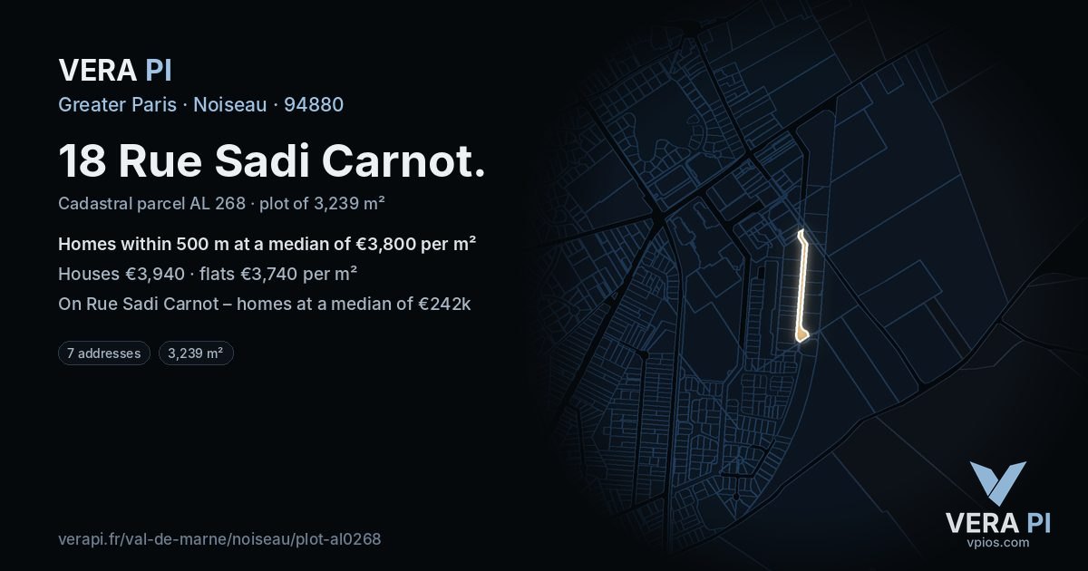 18 Rue Sadi Carnot, Noiseau at night – the plot lit, the parcels around coloured by the prices near them