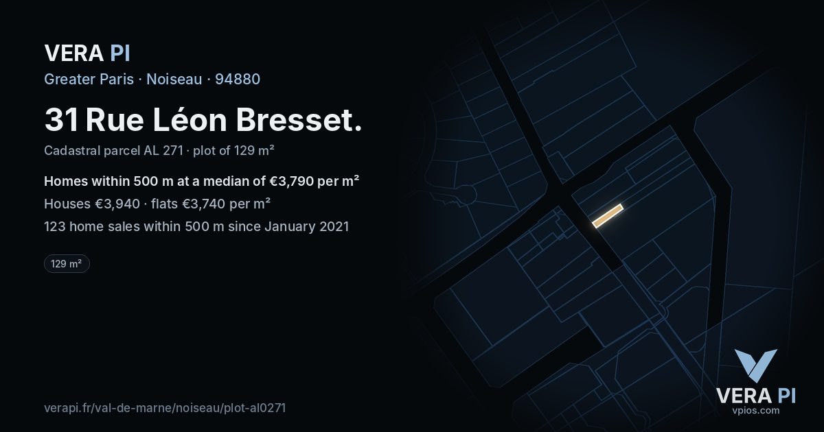 31 Rue Léon Bresset, Noiseau at night – the plot lit, the parcels around coloured by the prices near them