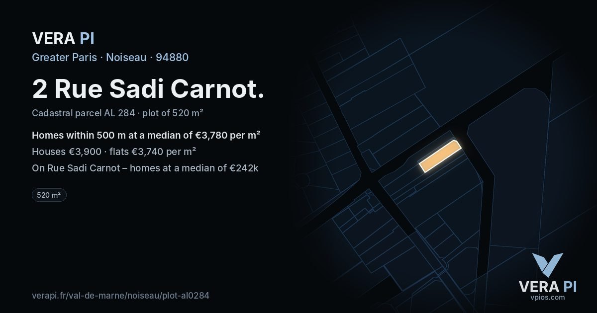 2 Rue Sadi Carnot, Noiseau at night – the plot lit, the parcels around coloured by the prices near them
