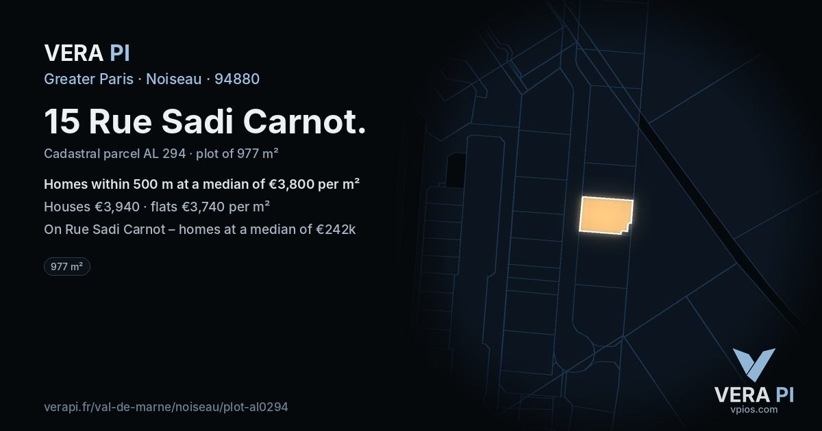 15 Rue Sadi Carnot, Noiseau at night – the plot lit, the parcels around coloured by the prices near them