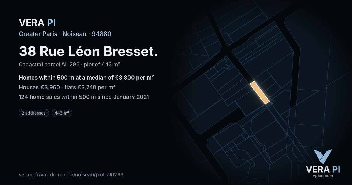 38 Rue Léon Bresset, Noiseau at night – the plot lit, the parcels around coloured by the prices near them