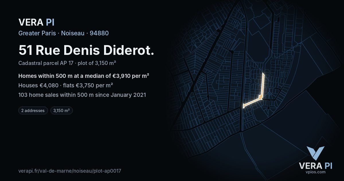51 Rue Denis Diderot, Noiseau at night – the plot lit, the parcels around coloured by the prices near them