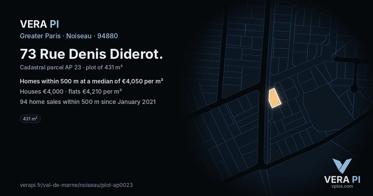 73 Rue Denis Diderot, Noiseau at night – the plot lit, the parcels around coloured by the prices near them