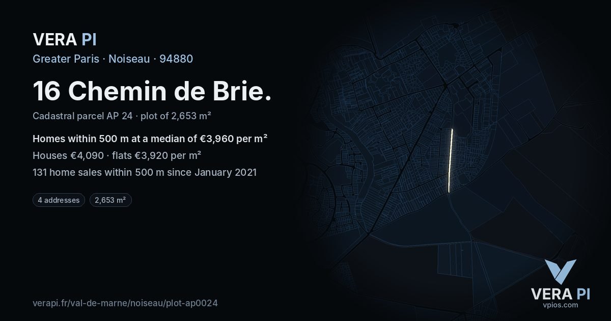 16 Chemin de Brie, Noiseau at night – the plot lit, the parcels around coloured by the prices near them