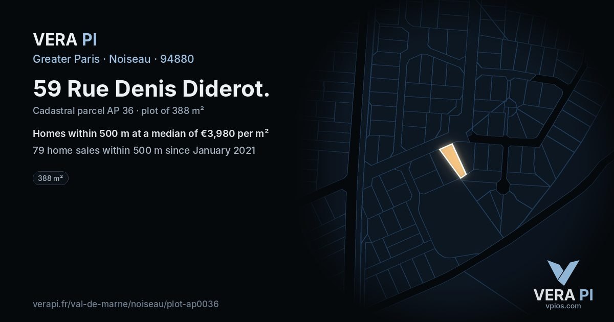59 Rue Denis Diderot, Noiseau at night – the plot lit, the parcels around coloured by the prices near them