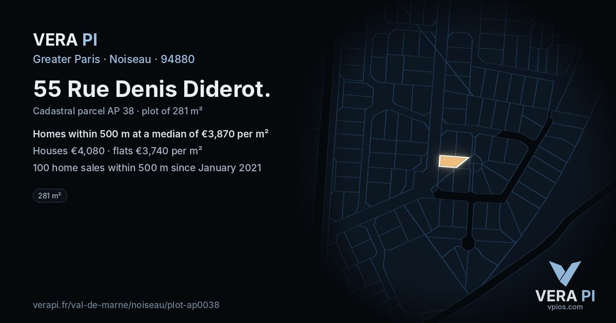 55 Rue Denis Diderot, Noiseau at night – the plot lit, the parcels around coloured by the prices near them
