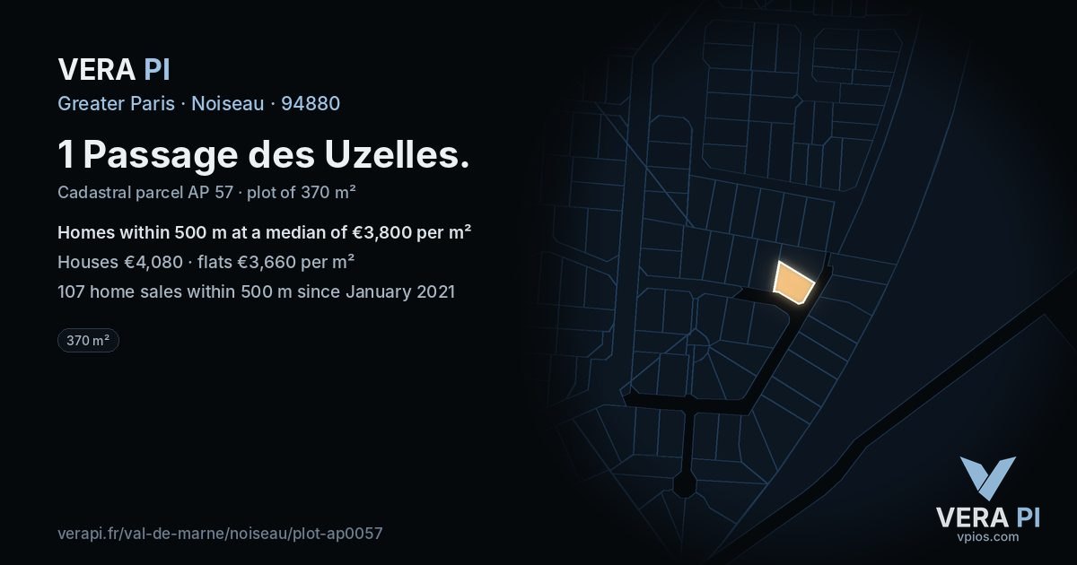 1 Passage des Uzelles, Noiseau at night – the plot lit, the parcels around coloured by the prices near them