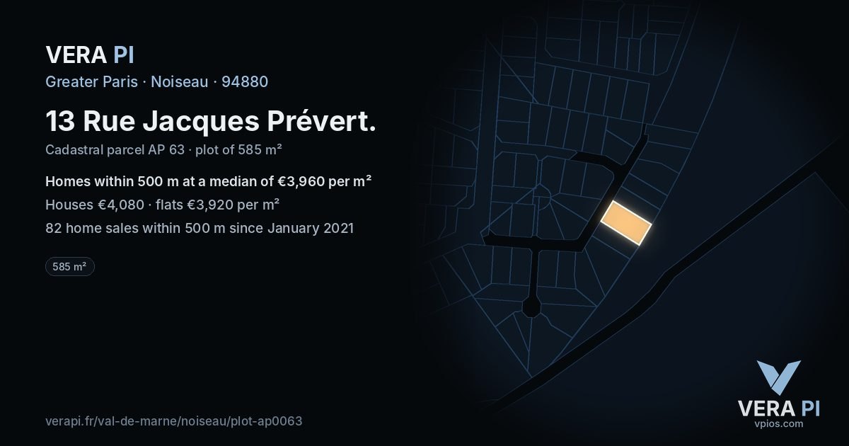13 Rue Jacques Prévert, Noiseau at night – the plot lit, the parcels around coloured by the prices near them