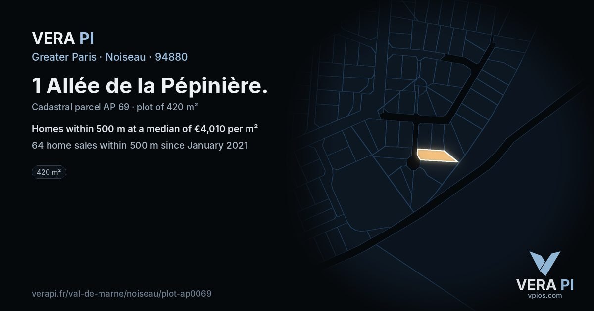 1 Allée de la Pépinière, Noiseau at night – the plot lit, the parcels around coloured by the prices near them