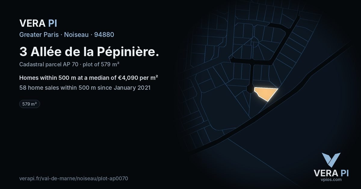 3 Allée de la Pépinière, Noiseau at night – the plot lit, the parcels around coloured by the prices near them