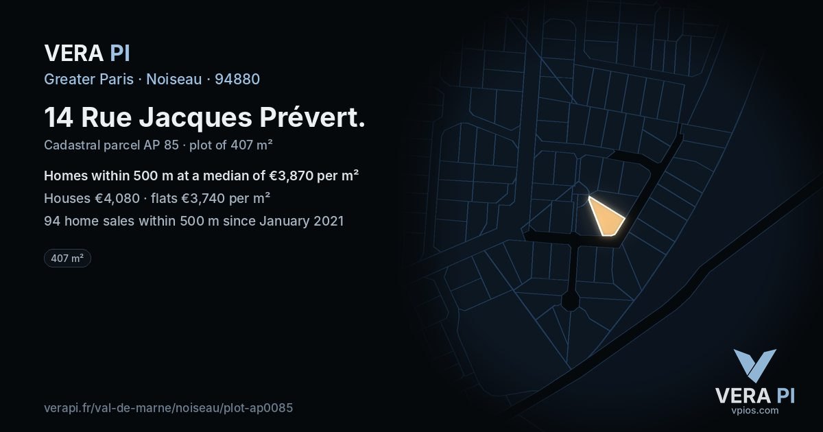 14 Rue Jacques Prévert, Noiseau at night – the plot lit, the parcels around coloured by the prices near them