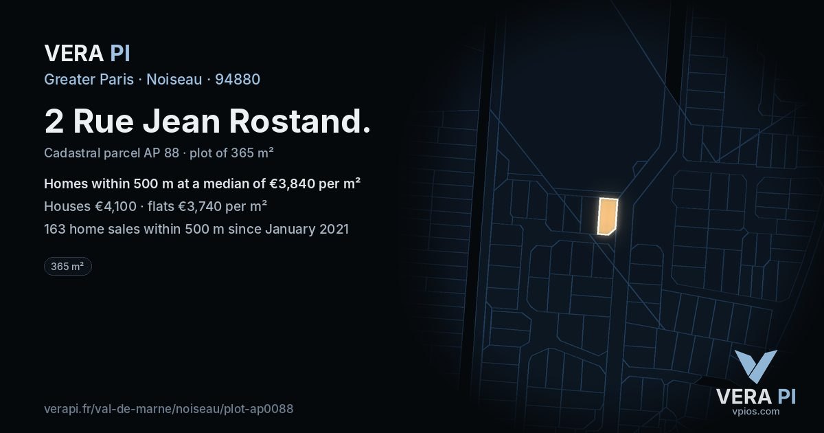 2 Rue Jean Rostand, Noiseau at night – the plot lit, the parcels around coloured by the prices near them