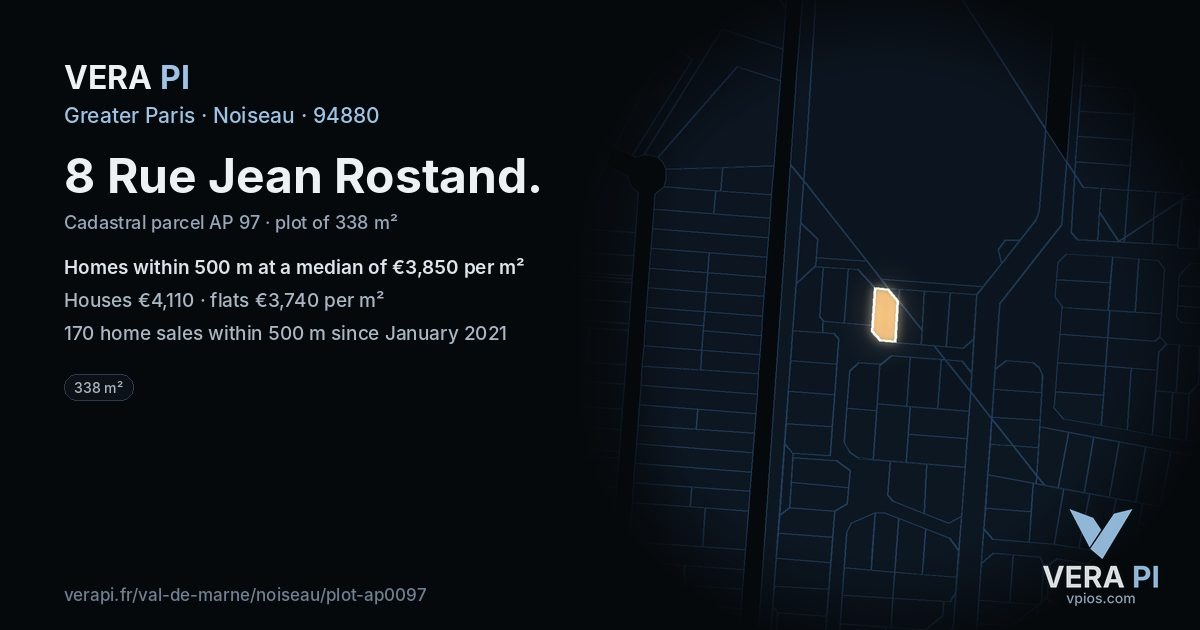 8 Rue Jean Rostand, Noiseau at night – the plot lit, the parcels around coloured by the prices near them