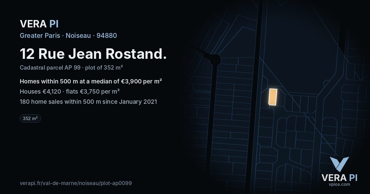 12 Rue Jean Rostand, Noiseau at night – the plot lit, the parcels around coloured by the prices near them