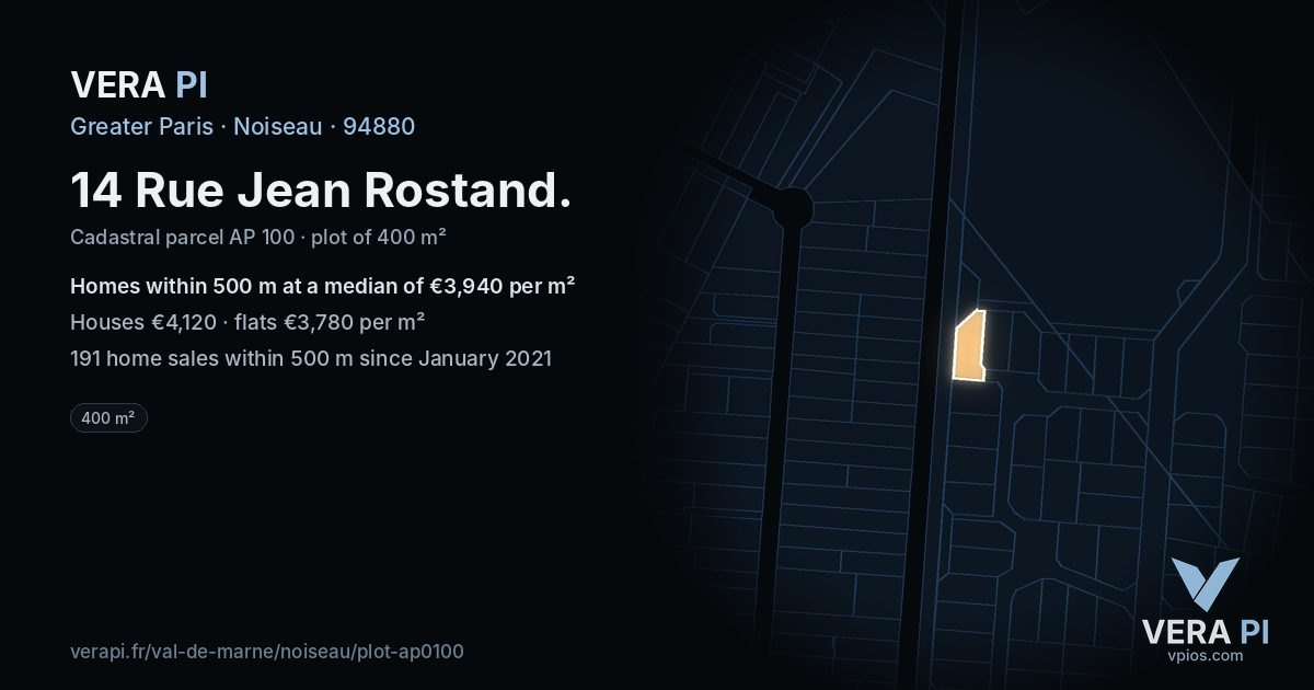 14 Rue Jean Rostand, Noiseau at night – the plot lit, the parcels around coloured by the prices near them